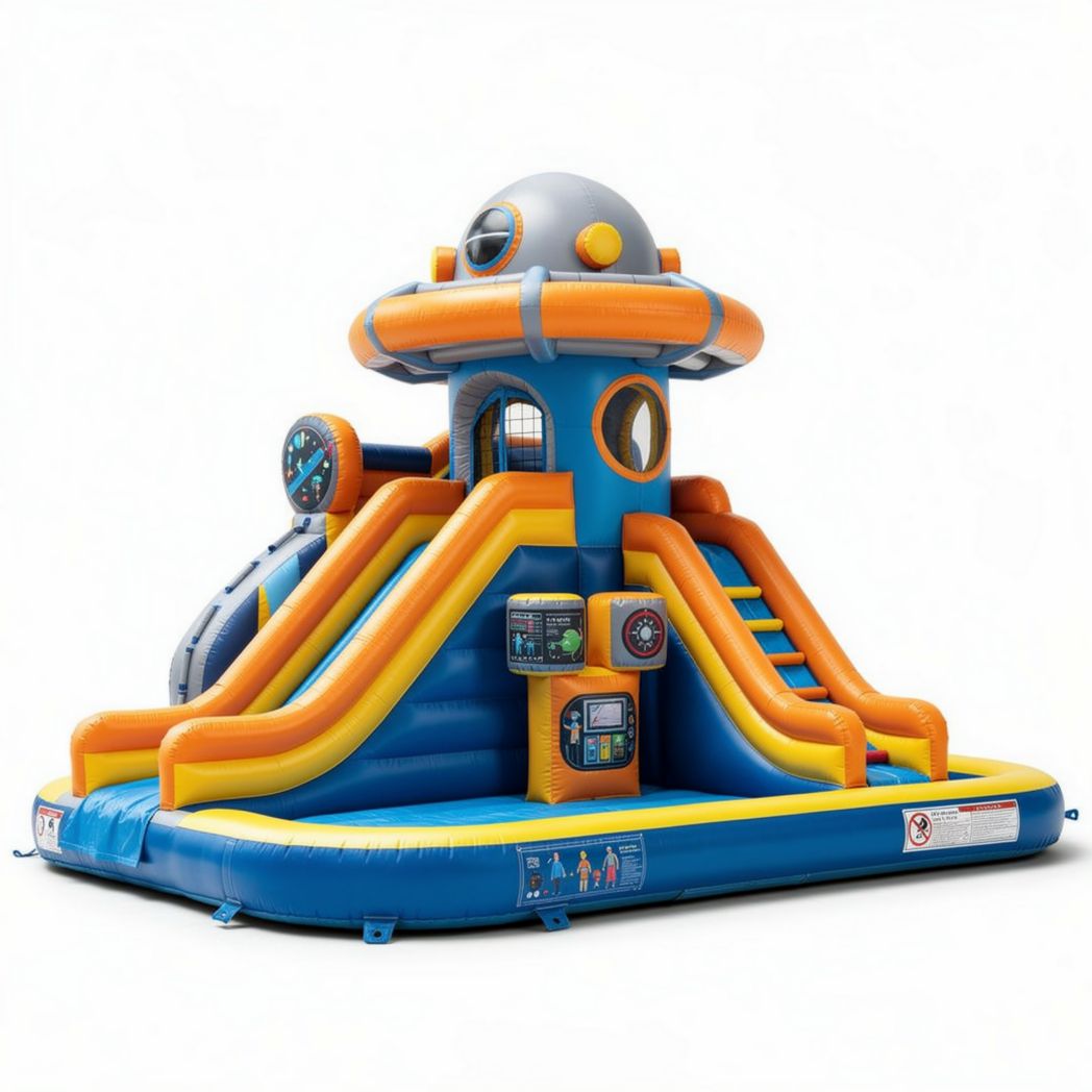 Inflatable space-themed bounce house with slide for outdoor play 450 x 300 x 250cm