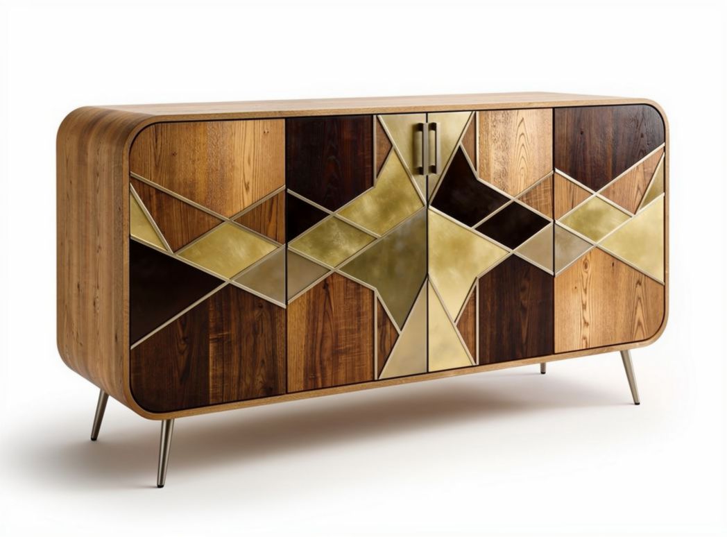 Wooden sideboard with geometric gold and brown accents 150 x 45 x 80cm