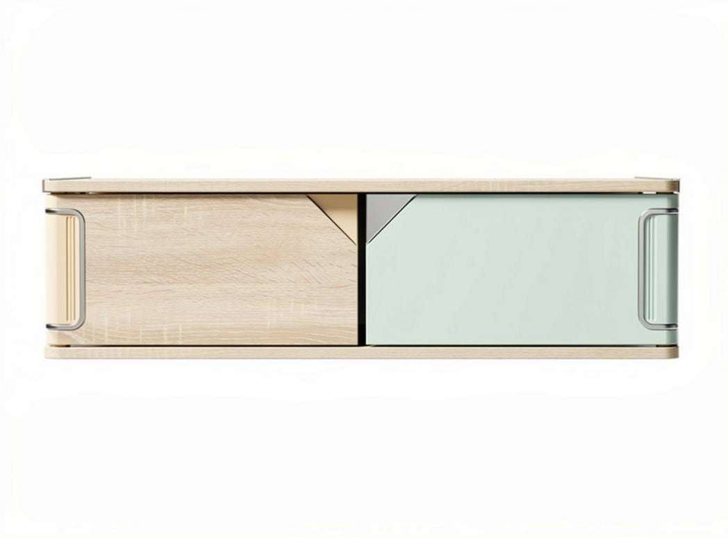 Wooden storage cabinet with two doors in mint green and natural finish 120 x 40 x 30cm