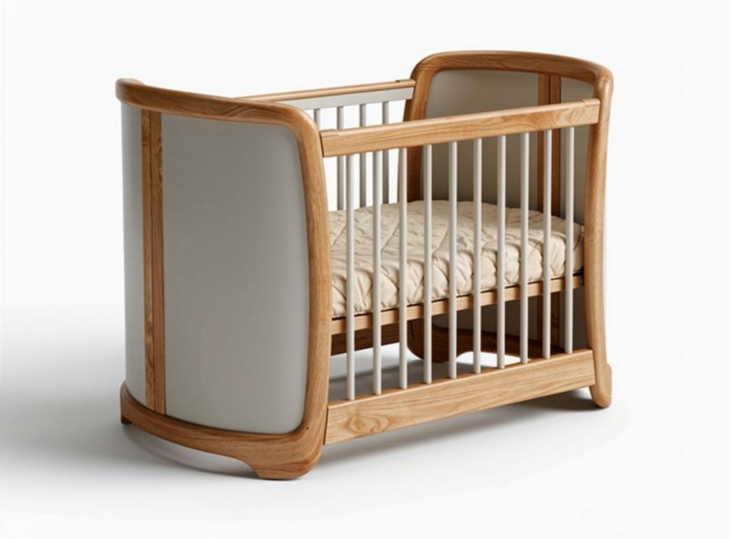 Natural wood crib with removable mattress and soft fabric sides 120 x 60 x 80cm