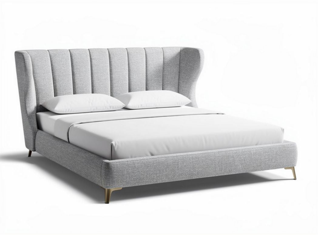 Grey upholstered bed frame with wingback headboard and gold legs 200 x 160 x 100cm