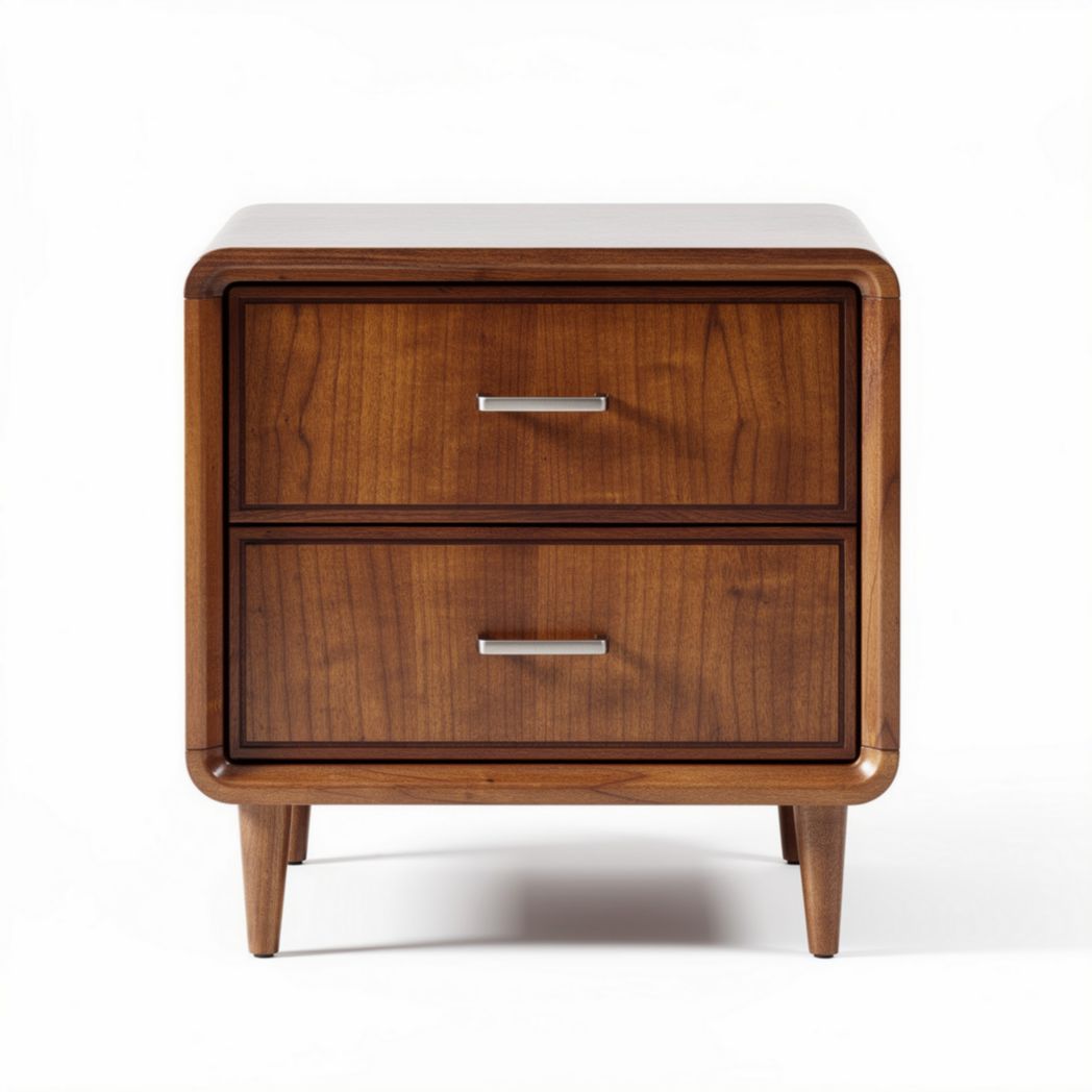 Walnut nightstand with two drawers and sleek mid-century modern design